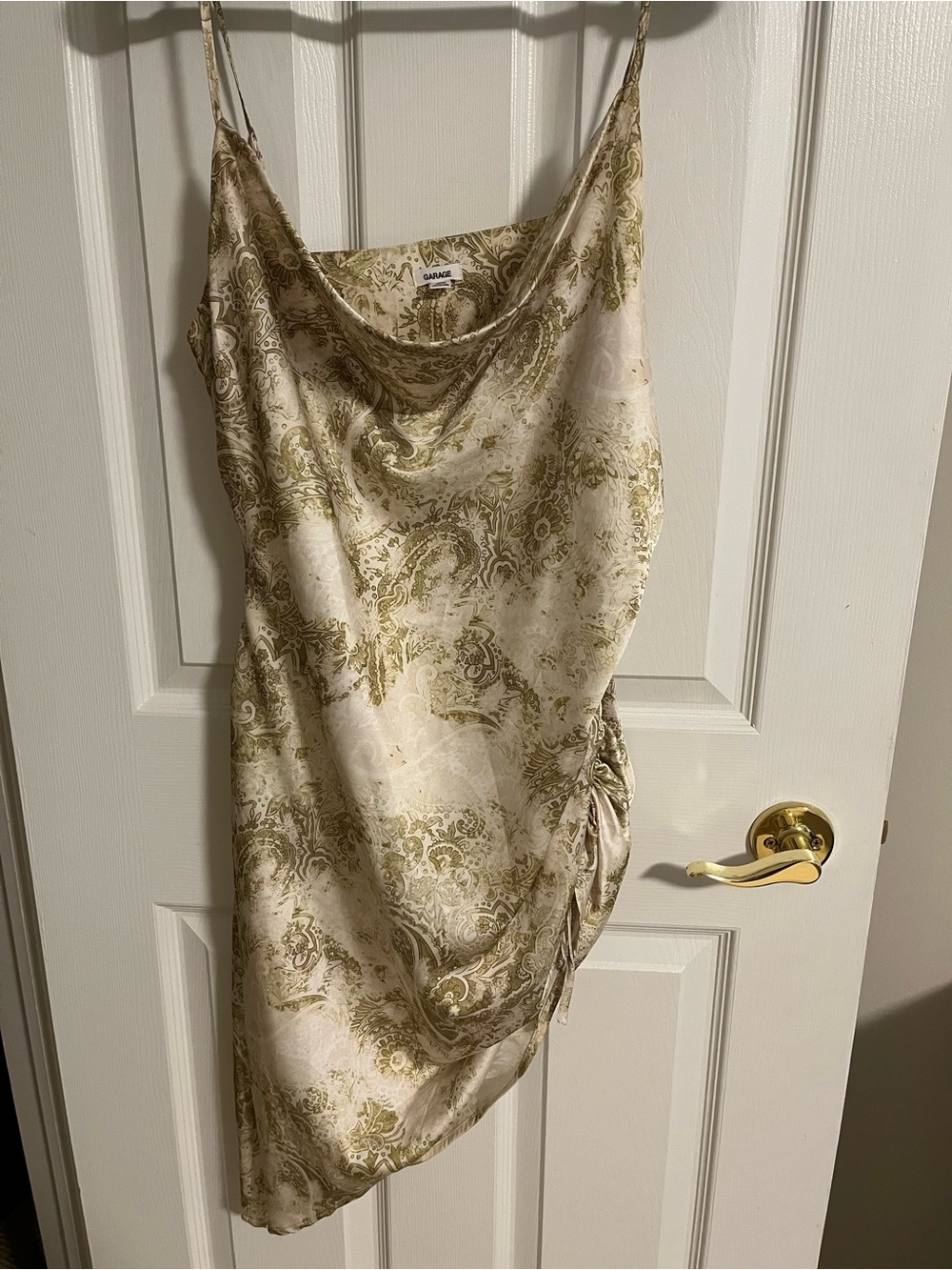 Garage Cream and Olive Paisley Asymmetrical Slip Dress